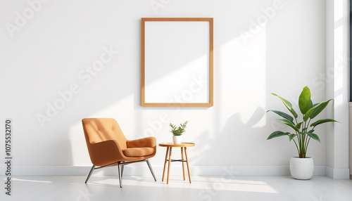 mockup picture frame on wall in minimalist bright interior with brown armchair, small table and houseplant photo