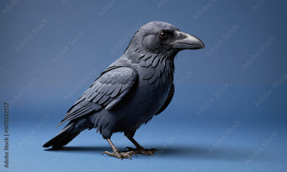 Fototapeta premium A black raven stands on a blue background, looking to its right