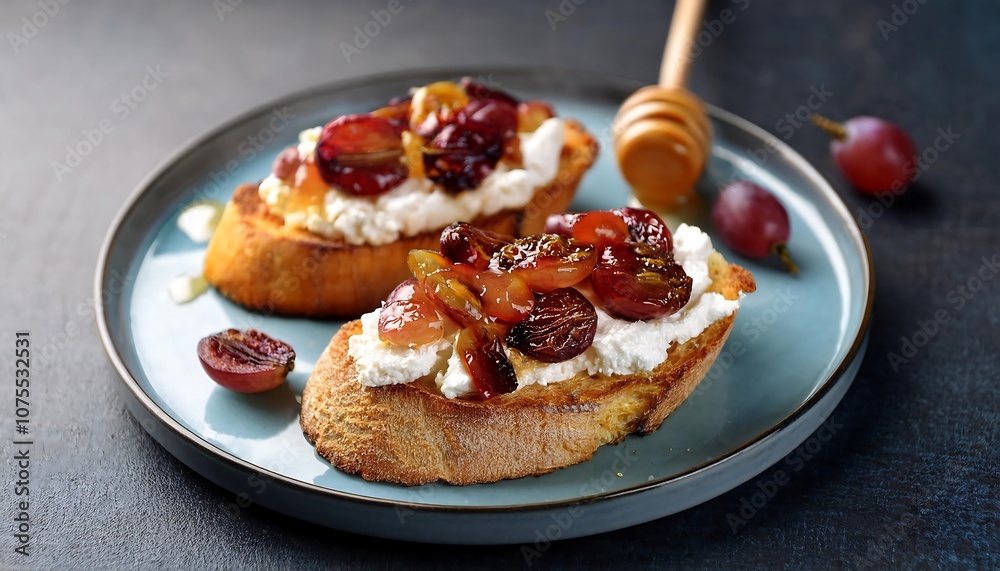 Whipped feta cheese, honey, and roasted grapes atop toasted baguette slices create a sweet _1(1925) Whipped feta cheese, honey, and roasted grapes atop toasted baguette slices create a sweet _1(1925)