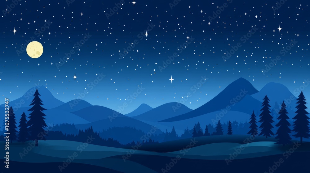 Obraz premium Nighttime Landscape with Moon and Stars. Minimalist Flat Illustration.