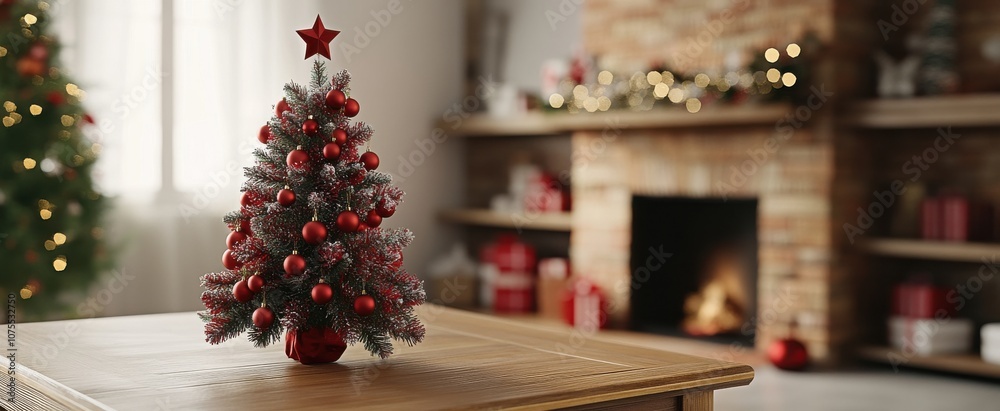 Christmas Tree with Red Decorations on Wooden Table Christmas Tree with Red Decorations on Wooden Table