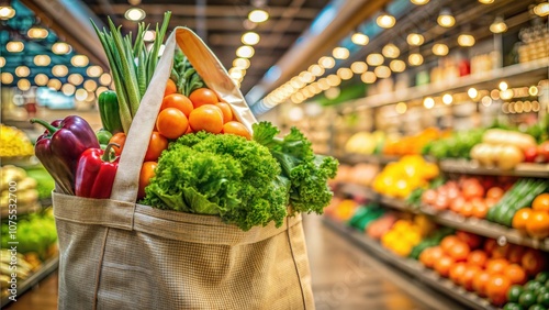  Eco-friendly grocery bag with fresh organic vegetables in store