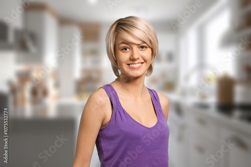 Free Download Happy attractive woman in modern home, - GFXLoad