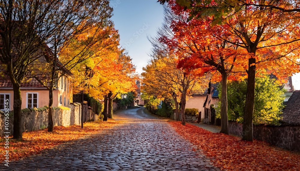 Naklejka premium Village street lined with trees in full autumn splendor, their colorful leaves covering_1(1890)
