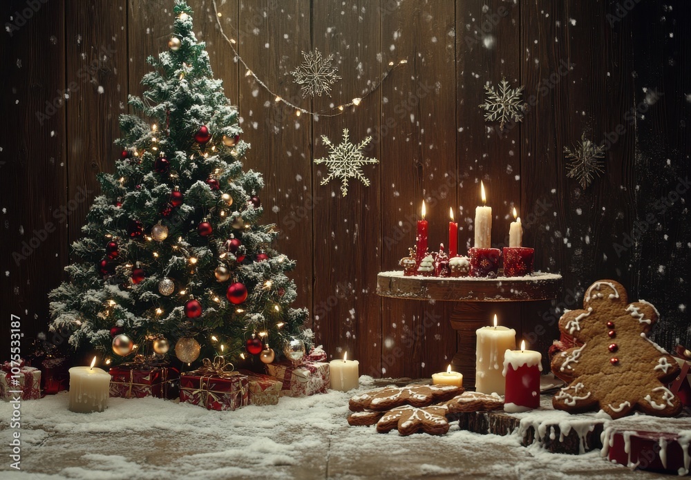 Festive Christmas Scene with Tree and Decorations Festive Christmas Scene with Tree and Decorations
