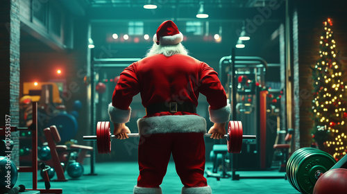 Santa Claus lifts weights in a festive gym, training for Christmas gift delivery with a decorated tree in the background. A unique blend of holiday cheer and fitness. Image made using Generative AI. photo