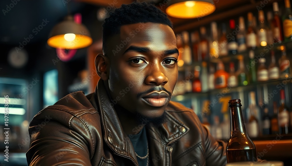 Black man in a leather jacket sitting in a bar Black man in a leather jacket sitting in a bar