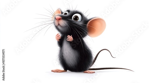 A cute cartoon mouse with big eyes and a pink nose looking up.