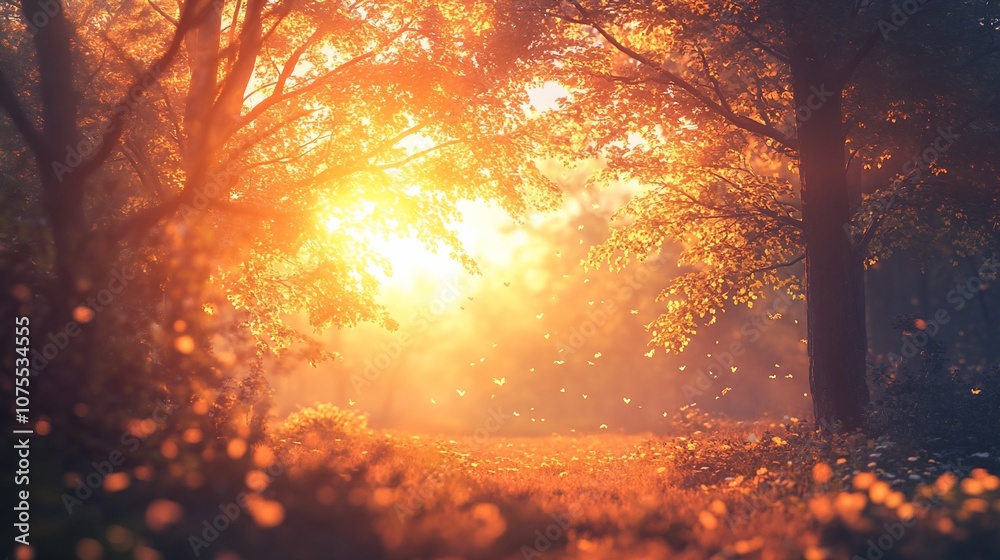 Golden autumn sunset in a forest with sunlight filtering through leaves and a path leading into the distance. Golden autumn sunset in a forest with sunlight filtering through leaves and a path leading into the distance.