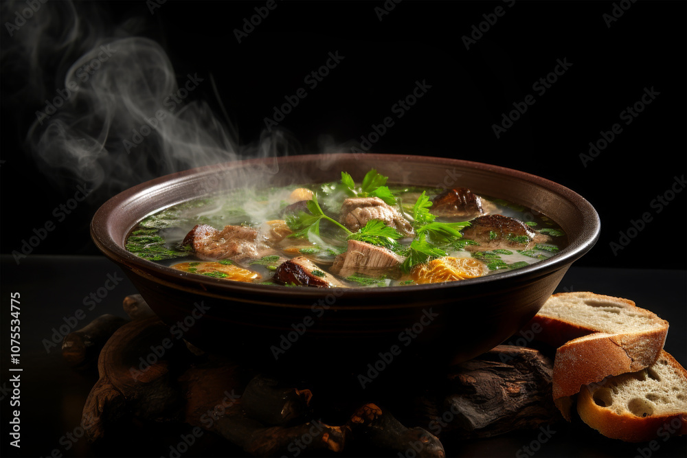 meat soup in bowl on black background meat soup in bowl on black background