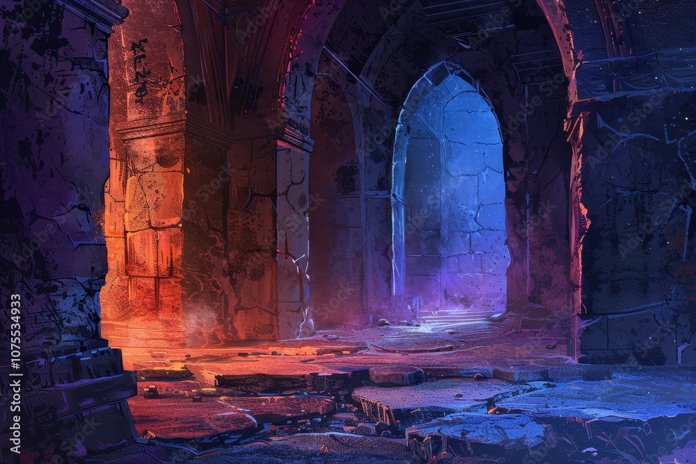 Ruined Hallway with a Glowing Portal Ruined Hallway with a Glowing Portal