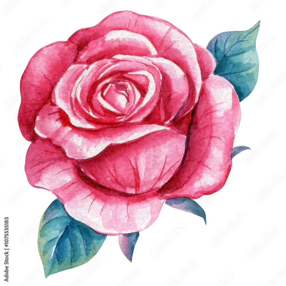 Pink flower and blue leaves. Rose branch watercolor hand-painted, botanical floral isolated background. Shabby chic art Pink flower and blue leaves. Rose branch watercolor hand-painted, botanical floral isolated background. Shabby chic art