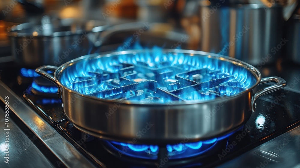 Blue flames under a stainless steel pan with a waffle iron insert. Blue flames under a stainless steel pan with a waffle iron insert.