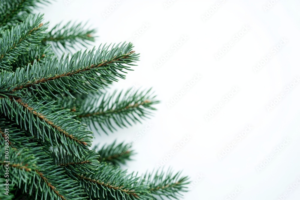 This is a beautiful closeup image of a conifer branch that is perfect for use in Christmas decorations, showcasing lush green needles that stand out vibrantly against a clean white background This is a beautiful closeup image of a conifer branch that is perfect for use in Christmas decorations, showcasing lush green needles that stand out vibrantly against a clean white background