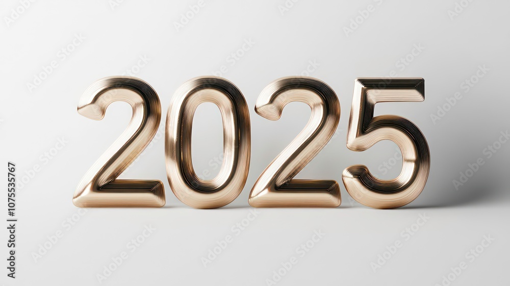 Golden 3D numbers representing the year 2025 on a white background. Golden 3D numbers representing the year 2025 on a white background.