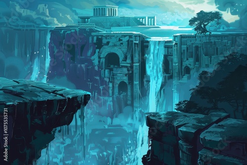 Ancient Ruins with a Waterfall in a Mystical Setting
