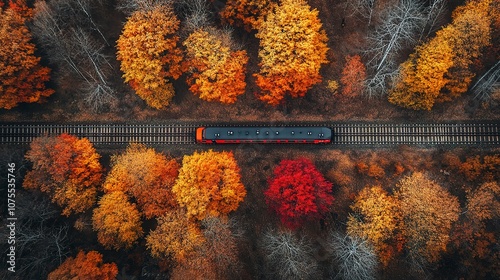 A train crossing through an autumn forest with vibrant red and orange leaves, symbolizing change, beauty, and the passing of time.