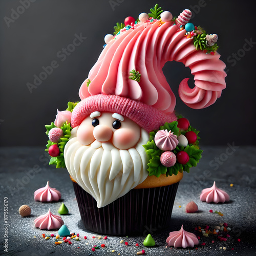 Weihnachtlicher Cupcake im Wichtel-Look, festliche Leckerei mit Zuckerguss und Streuseln photo