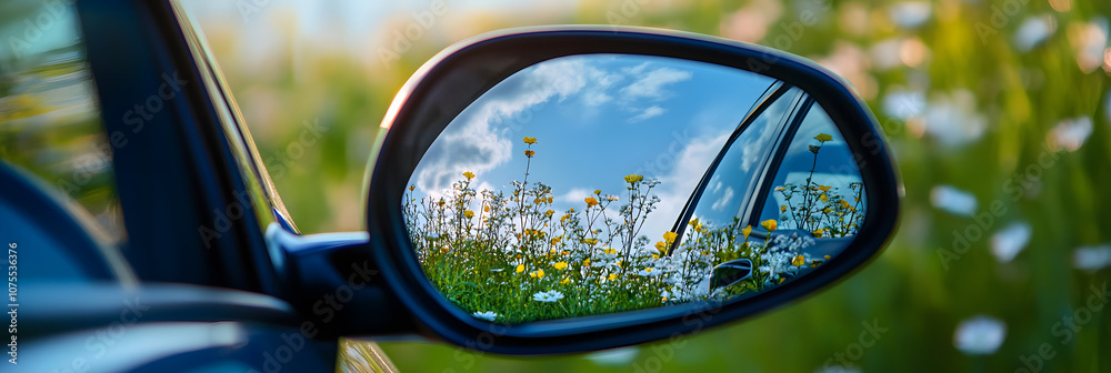 Beautiful wildflowers and blue sky reflection in a car side mirror, showcasing nature’s charm, road trip vibes, peaceful landscape photography, and scenic beauty inspiration Beautiful wildflowers and blue sky reflection in a car side mirror, showcasing nature’s charm, road trip vibes, peaceful landscape photography, and scenic beauty inspiration