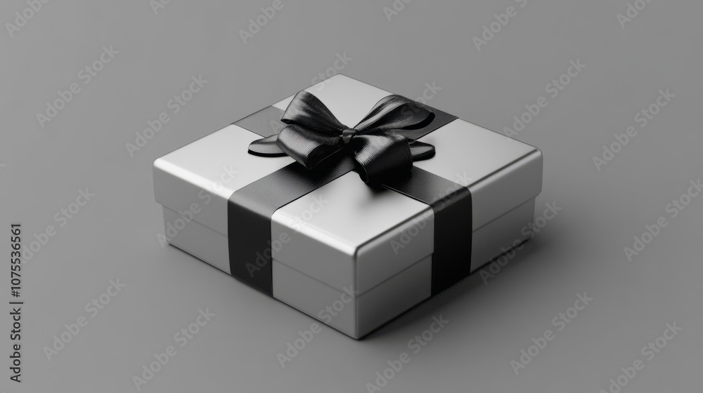 grey gift box with black ribbon against grey background grey gift box with black ribbon against grey background