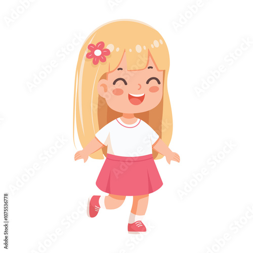 Smiling international kid playing and running on white background. Poster, Banner, Flyer, Greeting Card. Cartoon character in flat design style isolated. Vector illustration