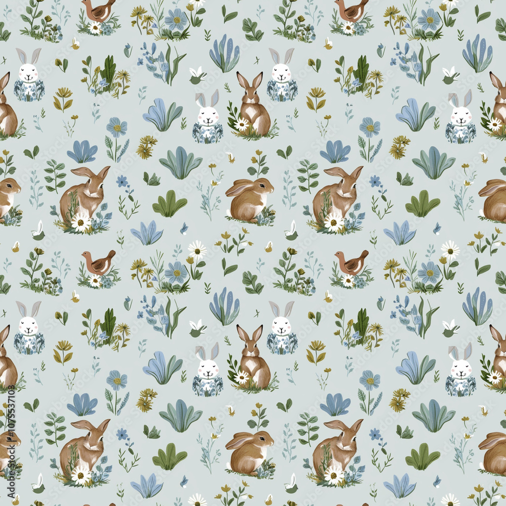 Obraz premium Cute bunnies and wildflowers seamless pattern in pastel tones