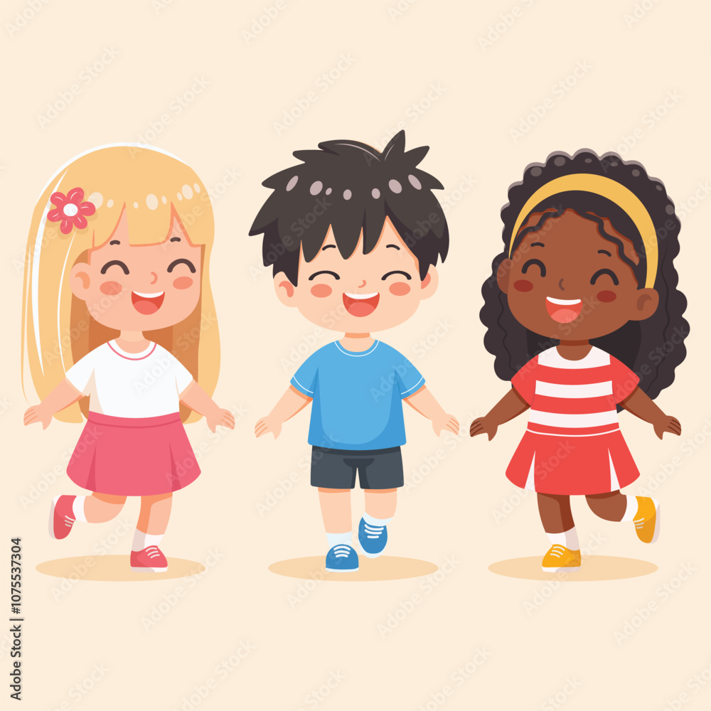 Smiling international kids playing and running together. Poster, Banner, Flyer, Greeting Card. Cartoon character in flat design style isolated. Vector illustration Smiling international kids playing and running together. Poster, Banner, Flyer, Greeting Card. Cartoon character in flat design style isolated. Vector illustration