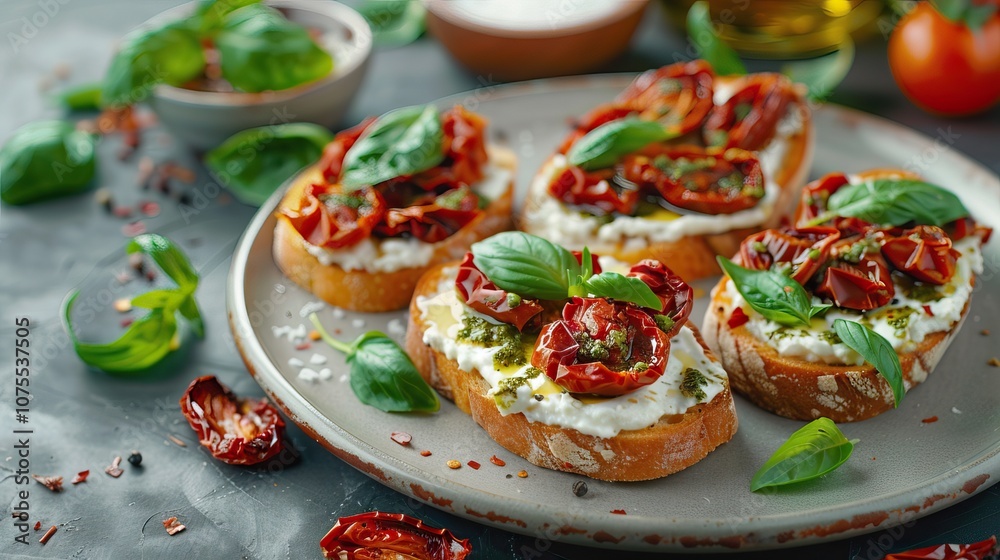 Delicious Bruschetta with Ricotta, Sun-Dried Tomatoes, and Fresh Basil on Rustic Plate Delicious Bruschetta with Ricotta, Sun-Dried Tomatoes, and Fresh Basil on Rustic Plate