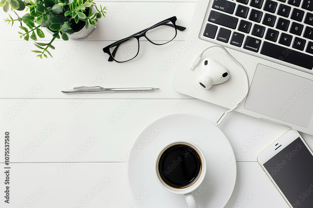 Minimalist Workspace with Laptop, Coffee, Smartphone, and Accessories on White Desk Minimalist Workspace with Laptop, Coffee, Smartphone, and Accessories on White Desk