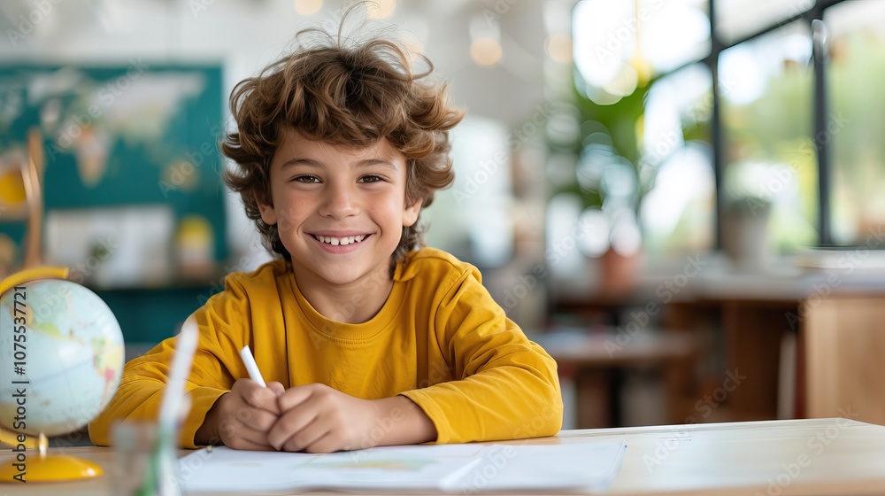Smiling Young Boy in Classroom with Globe, Learning and Studying in Bright Educational Environment Smiling Young Boy in Classroom with Globe, Learning and Studying in Bright Educational Environment