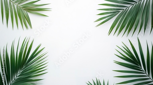 Minimalistic palm leaf pattern on a white background, modern and elegant, ideal for summer and tropical themes.