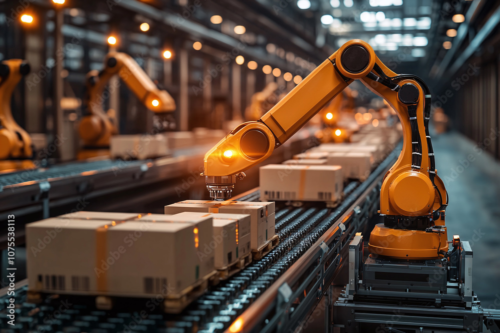 Naklejka premium a conveyor belt system with multiple robotic arms sorting packages in a logistics warehouse.
