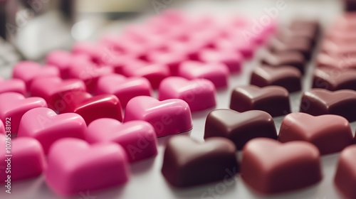 Rows of pink and red heart-shaped chocolates on a table, perfect for a sweet, romantic, and indulgent Valentineâ€™s theme.