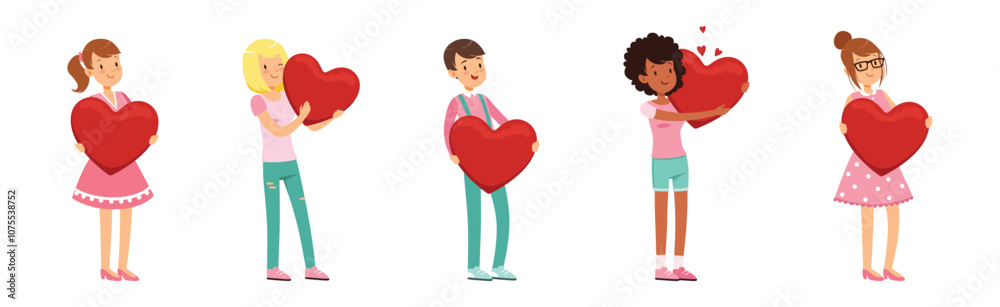Cute Teen Boy and Girl with Red Heart Feel Love Vector Set Cute Teen Boy and Girl with Red Heart Feel Love Vector Set