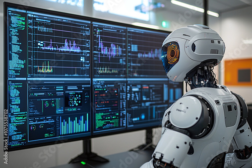 an advanced AI-powered robot analyzing data on a large screen in a control center.