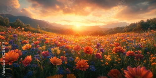 A field of wildflowers glows with warm light during a scenic sunset.