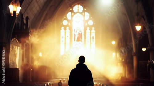 Young Man Walking Towards the Altar in a Church with Mystical Aura and Light