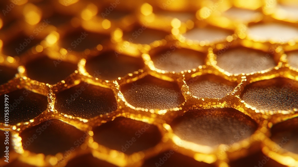 Close up of a honeycomb, with golden light reflecting on the surface. Close up of a honeycomb, with golden light reflecting on the surface.