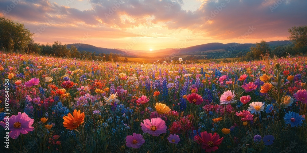 Obraz premium Vibrant wildflowers bloom in a field at sunset, creating a picturesque landscape.