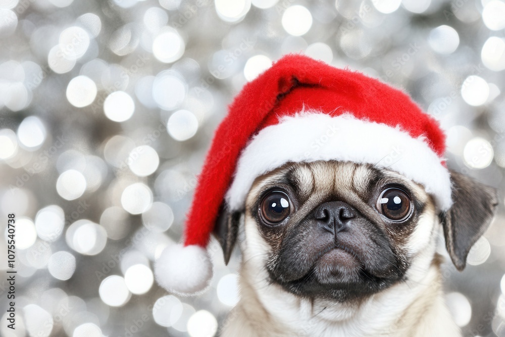 Cute pug in santa hat with sparkling background Cute pug in santa hat with sparkling background