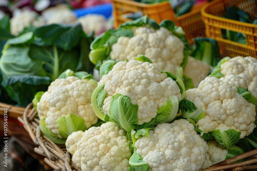 Fresh organic cauliflower heads are sitting in a wicker basket at a farmers market Fresh organic cauliflower heads are sitting in a wicker basket at a farmers market