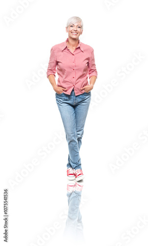 Full body of smiling beautiful adult woman. Cheerful middle aged woman standing and posing, isolated on white background.