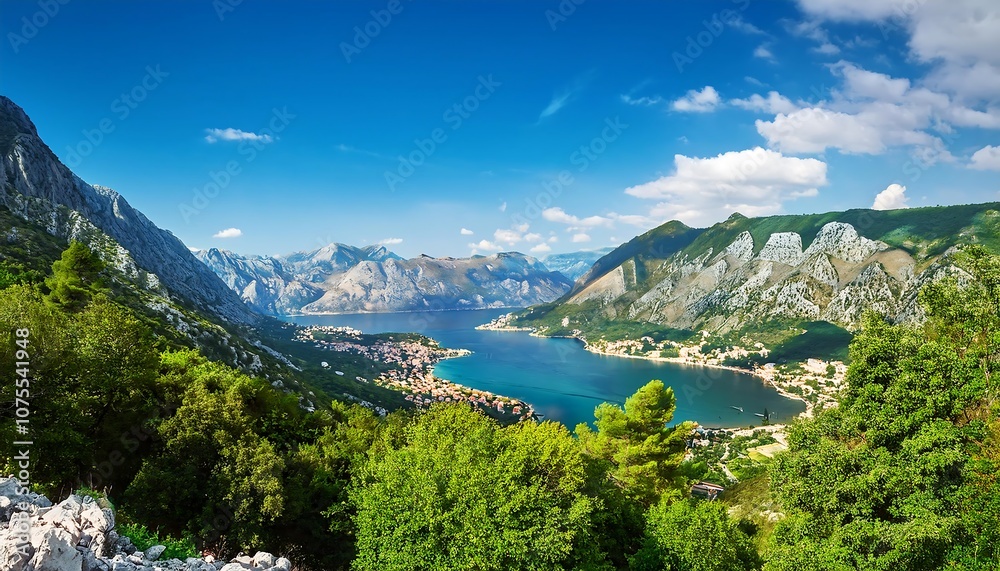 Lush green trees overlook bay of Kotor in Montenegro on a clear day with blue sky and white_1(1414) Lush green trees overlook bay of Kotor in Montenegro on a clear day with blue sky and white_1(1414)
