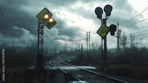 A classic railway crossing with signs, lights, and rustic design, against a cloudy sky, evoking rural charm and simpler times. photo