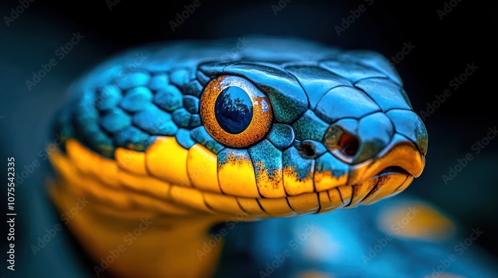 Closeup of a blue and yellow snake with an orange eye looking at the camera. Closeup of a blue and yellow snake with an orange eye looking at the camera.