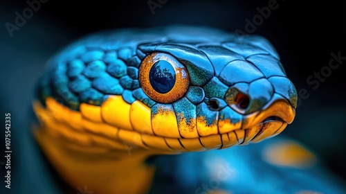 Closeup of a blue and yellow snake with an orange eye looking at the camera.