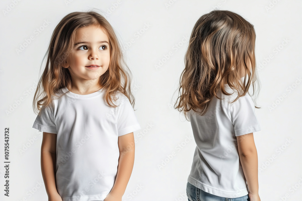A playful child with long brown hair smiling in a plain white t-shirt against a light background, showcasing innocence and curiosity. Generative AI A playful child with long brown hair smiling in a plain white t-shirt against a light background, showcasing innocence and curiosity. Generative AI