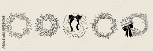 Hand drawn winter collection of Christmas wreaths. Vintage monochrome ink stickers for wall art prints, greeting cards, branding, stories, collages. Doodle line art elements in sketch style. 