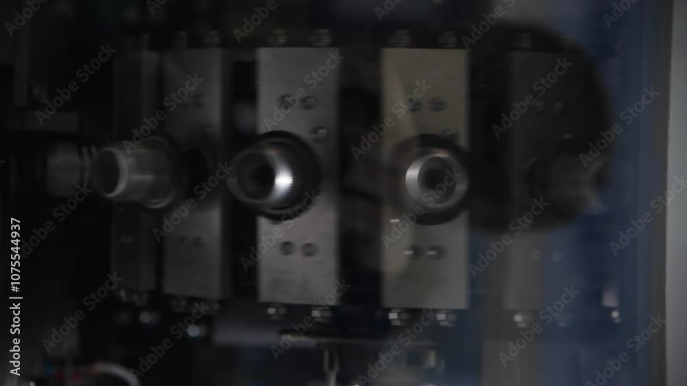 Close-up view of modern bottle filling machine ready to work. Industrial background. Soft focus. Copy space. Real time handheld vertical video. Production line and manufacturing theme. Close-up view of modern bottle filling machine ready to work. Industrial background. Soft focus. Copy space. Real time handheld vertical video. Production line and manufacturing theme.