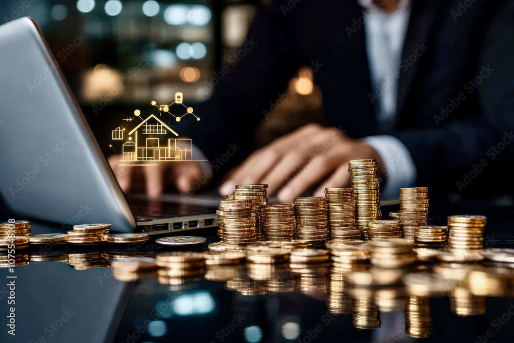 Real estate investment concept with man using laptop and floating house icon, analyzing mortgage and property investment Real estate investment concept with man using laptop and floating house icon, analyzing mortgage and property investment
